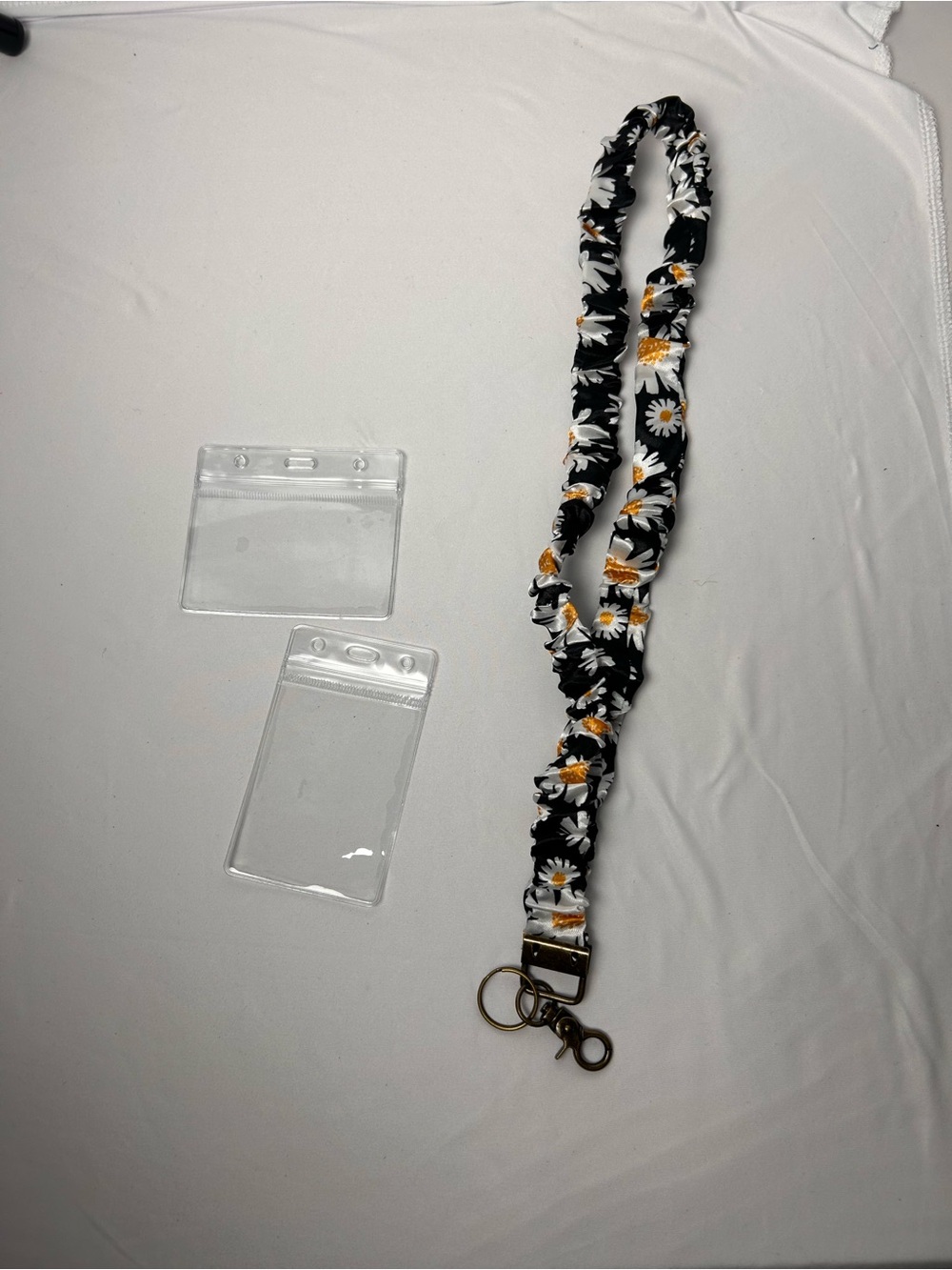 Black Daisy Floral Lanyard with Clear ID Holder